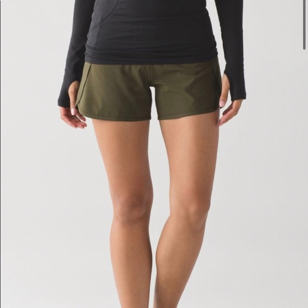 Lululemon Run Times 2.5 shorts in military green.